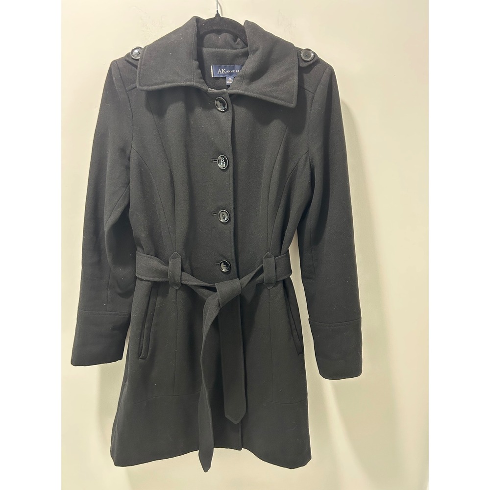 Anne Klein Black Wool Blend Belted Trench Coat Women Medium Button Up Mid Length